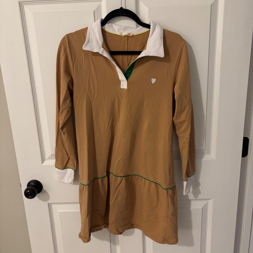 Roller Rabbit Women XS Camel Tan Rugby Polo Mini Dress Long Sleeve Heart Logo